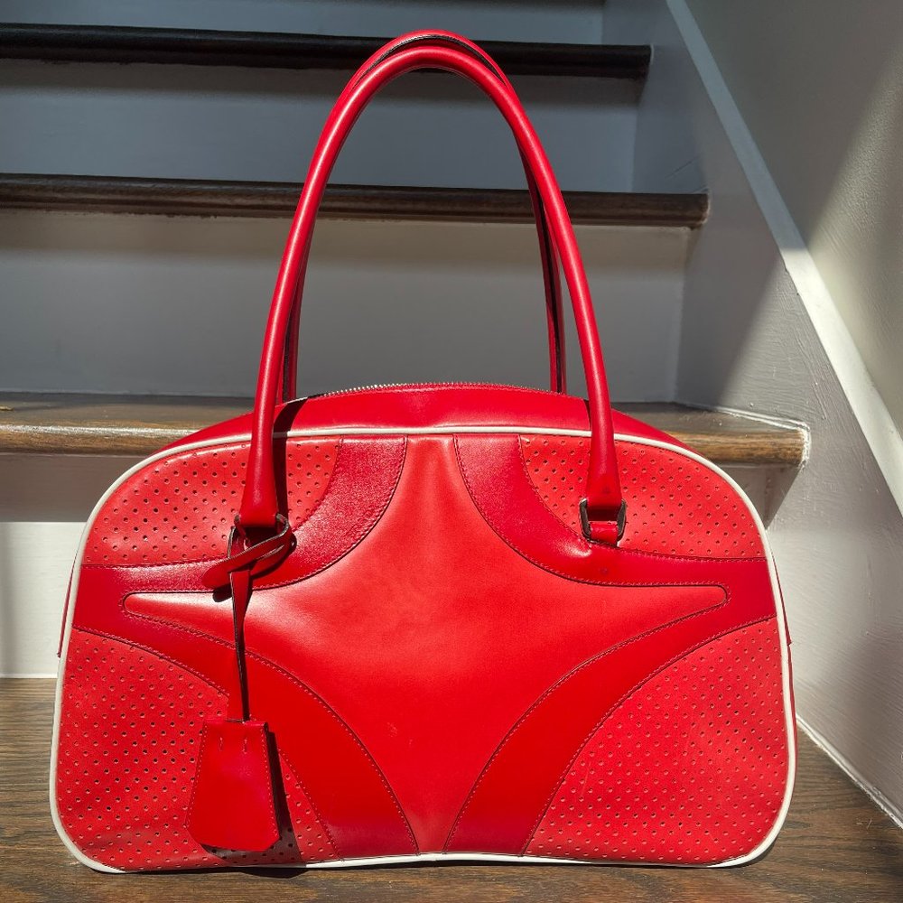 PRADA Vintage Red Vitello Drive Bowling Bag